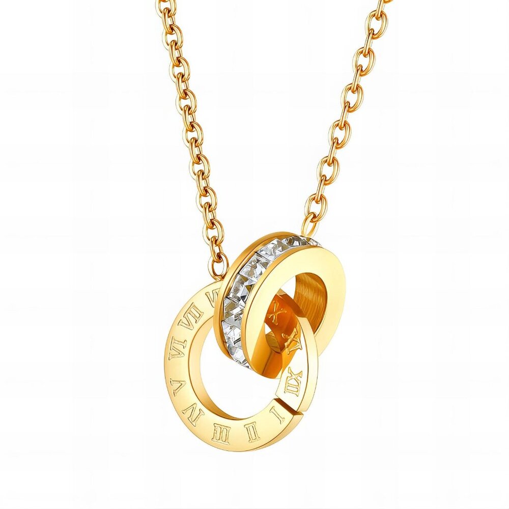 Roman Numeral Interlocking Rings Necklace | 18K Gold Plated | CZ Crystals